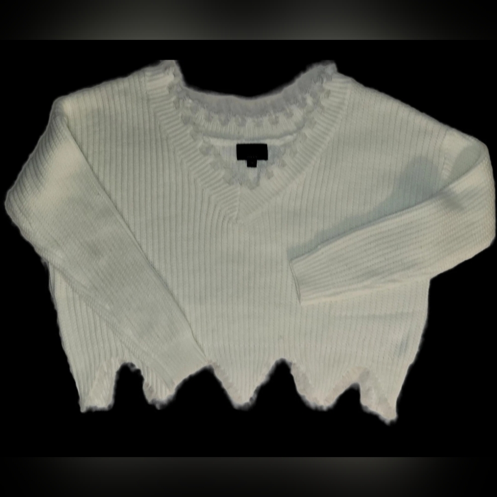 Olia Jagged Distressed Cropped Lightweight Ivory Knit Sweater Med Ribbed